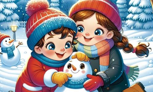 Un niño de 5 años, llamado Martín, con cabello castaño y rizado, lleva un abrigo rojo brillante, un gorro de lana azul y botas de nieve amarillas. Tiene una gran sonrisa en su rostro, los ojos brillantes de emoción, mientras construye un muñeco de nieve en un parque nevado. A su lado, su mamá, una mujer de unos 30 años, con cabello castaño largo recogido en una trenza, lleva un abrigo negro y una bufanda colorida. Sonríe tiernamente mientras ayuda a Martín a moldear la nieve. El lugar es un parque invernal mágico, con árboles majestuosos cubiertos de nieve brillante, copos de nieve cayendo suavemente del cielo azul claro y un pequeño camino serpenteando a través del paisaje. La situación principal muestra a Martín y su mamá riendo y jugando juntos, creando recuerdos alegres mientras la nieve cubre todo a su alrededor, iluminando la escena con una atmósfera cálida y festiva.