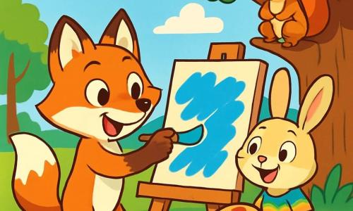 In the foreground, a young fox with bright red fur and large, excited eyes is painting a large canvas in front of a majestic tree. Its expression is joyful and focused as it uses a brush to add vibrant blue touches to its artwork. Next to it, a small bunny with long, soft ears, wearing a colorful t-shirt, smiles enthusiastically while holding a paint palette, encouraging the fox with sparkling eyes. A squirrel perched on a branch watches attentively, with crossed paws and a curious, admiring look. The setting is a sunny clearing surrounded by tall trees with vibrant green leaves, dotted with colorful wildflowers on the ground. A clear blue sky with a few fluffy white clouds adds a serene touch to the scene. The main situation shows the fox creating nature-inspired artwork, surrounded by friends, celebrating creativity and friendship during their magical summer at camp.