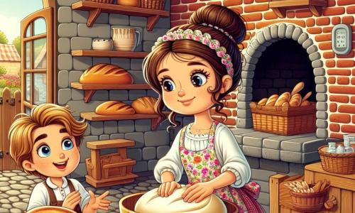 Camilla, una donna sorridente di circa trent'anni, con lunghi capelli castani raccolti in uno chignon e guance rosate, si trova al centro della scena, con le mani coperte di farina, mentre impasta una pasta per il pane in una grande ciotola di legno. Indossa un bel grembiule a fiori che aggiunge un tocco di allegria al suo aspetto. Accanto a lei, Leo, un ragazzo di 10 anni con capelli biondi disordinati e occhi brillanti di curiosità, guarda con ammirazione, tenendo un cesto pieno di mele rosse. Si tiene leggermente in disparte, pronto ad aiutare, con un grande sorriso sul volto. Il luogo è un affascinante forno di legno, con muri in mattoni rossi e una grande finestra che lascia entrare la luce dorata del mattino. Gli scaffali in legno sono pieni di pani dorati e dolci colorati, mentre un forno in pietra emana un dolce calore. La situazione principale mostra Camilla e Leo mentre preparano una grande festa di degustazione, circondati dall'aroma del pane che cuoce, creando un'atmosfera calda e gioiosa, dove l'amore per il pane e il condivisione sono al centro.