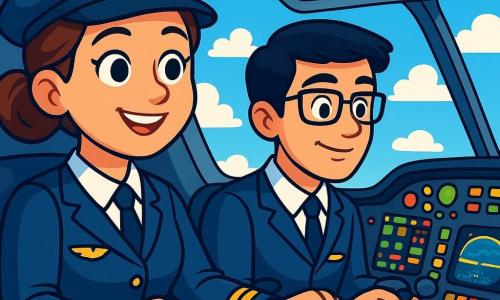 Lucía, una joven piloto de unos 25 años, está sentada en la cabina de un avión, con los ojos brillantes de determinación y alegría. Lleva un uniforme azul con una gorra y tiene el cabello castaño recogido en un moño. Sus manos están sobre los controles y sonríe con confianza, lista para despegar. A su lado, Pablo, su copiloto de 30 años, tiene el cabello negro y usa gafas. Mira los instrumentos con concentración, mostrando su entusiasmo por el vuelo. La cabina está llena de luces parpadeantes e instrumentos coloridos, con grandes ventanas que ofrecen una vista espectacular de un cielo azul salpicado de nubes blancas y esponjosas. La escena principal muestra a Lucía y Pablo preparando el vuelo, rodeados de un ambiente de camaradería y emoción, mientras el avión está listo para volar hacia los cielos.