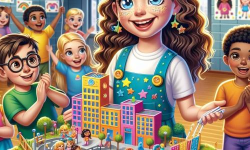 Una niña de 10 años, Martina, con cabello rizado y castaño y ojos llenos de curiosidad, sonríe alegremente sosteniendo un modelo colorido de su ciudad ideal, lleno de rampas y paneles en braille. A su lado, Hugo, un niño de 11 años con gafas gruesas y un bastón blanco, la anima con una gran sonrisa, mientras que Sofía, una niña de cabello rubio, observa el modelo con asombro. La escena tiene lugar en un gimnasio luminoso, decorado con globos coloridos y dibujos de niños en las paredes, donde grupos de estudiantes presentan sus proyectos sobre inclusión. Martina, entusiasta, explica a un pequeño grupo de niños cómo su modelo ayuda a hacer la ciudad accesible para todos, en un ambiente alegre y animado, lleno de risas y conversaciones.