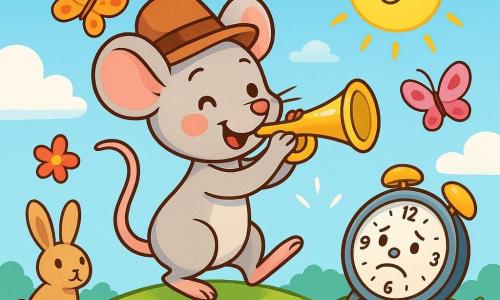 Milo, a small mouse with sparkling eyes and rosy cheeks, joyfully plays his thimble trumpet on a green hill, surrounded by colorful flowers and dancing butterflies. He wears a felt hat with a proudly standing feather, and his bright smile shows his enthusiasm. Next to him, a small stopwatch with a sad face, sitting on a moss cushion, looks at Milo with hope, its hands trembling with excitement. In the background, the sky is a bright blue, dotted with fluffy white clouds, and the sun shines, illuminating the landscape with golden rays. The scene depicts Milo playing a cheerful melody, while curious animals like rabbits and frogs approach to listen, creating a festive and lively atmosphere.