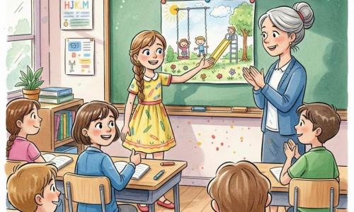 A radiant but slightly nervous 10-year-old girl, Sophie, with light brown braided hair and sparkling eyes, wearing a yellow dress patterned with pencils, stands at the front of a bright, colorful classroom presenting a large drawing pinned to a green board; nearby a confident, smiling 10-year-old, Emma, with short brown hair and a blue jacket sits in the front row giving a thumbs up, while Mrs. Thompson, the teacher in her fifties with gray hair in a bun and kind eyes, stands beside the board softly applauding; the room has light wooden desks, alphabet and art posters, a window with morning light, chalk on the board, and Sophie’s proud illustration of a sunny park with children playing rendered in colored ink and watercolor washes with soft contrasts and crisp outlines, creating a warm, encouraging atmosphere.