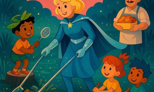 Captain Luminara, smiling and determined with a round face and short shiny blond hair, in a blue-silver sparkling suit, floating cape and luminous gloves, is picking up trash with a large shimmering shovel; Miko, a small sprite boy with tawny skin, a green leaf hat and reed shoes, playful and cheerful, offers a small silver net from a nearby stump; Mr. Popple, a baker of about 45 with a round mustache and flour-dusted apron, smiles gratefully at the marsh edge holding a box of buns; two children (a 7-year-old girl and a 6-year-old boy) with small brooms and colorful hair sweep excitedly in the front right; the setting is a phosphorescent marsh with blue-green glowing mud, sparkling grasses, glowing lily pads, golden-halo fireflies and a pink-lavender twilight sky; the scene is a joyful communal cleanup with piles of trash (bottles, papers, broken toys) that intensify the light, conveying a warm, magical atmosphere with Art Deco geometric composition, vivid contrasting colors, clear lines and stylized forms.