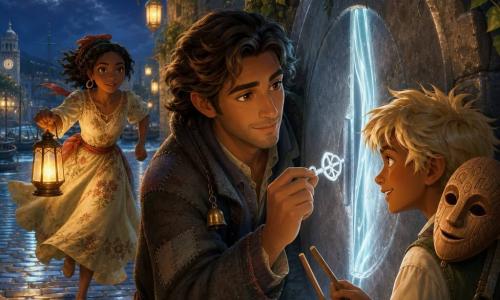 An adult man (Marco, ~30) with a gentle face and dark chestnut hair in strands, wearing a patched wool coat with a small bell, looks amazed and serene as he holds a small pale-silver key against a circular stone where a door of light opens; a boy (Timo, ~10) with pale messy blond hair, tanned skin and a mischievous smile gently taps the stone with two small sticks at Marco’s right, a canvas bag and a carved wooden mask on his shoulder; a girl (Rosa, ~16) in a simple floral dress with a red ribbon runs in from the left holding a small lantern with a bright yellow flame and colorful beads rolling like stars on the stone, appearing determined and kind; the Square of Lanterns is an old paved square with hanging patinated metal lanterns, wet cobbles reflecting light, ivy-covered stone walls, small boats in the distance and a clock tower in the background; the door opens as a slit of glass and pale blue-silver light that flows like liquid silk; soft nocturnal atmosphere with a light herb-scented mist, warm contrast between the lantern flame and the moonlit cold; visual style: saturated but soft colors, tactile textures (carved wood, patched wool, patinated metal, wet cobbles), composition centered on Marco’s hand and the key, clear readable expressions for the children.