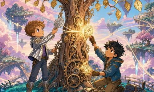 Two boys: Milo, about 10, short light-brown hair, color-changing eyes shown violet, wearing a shiny silver jacket, stands left of the trunk and reaches a silver gear-leaf toward a branch; Finn, about 11, messy black hair, lightly tanned, a small wheeled vehicle beside him, kneels right of the trunk with a determined smile holding another sparkling clock-leaf. They are on a floating sky field of suspended islets with turquoise glowing grass and arched light bridges around a central large wood-and-brass mechanical willow with visible gears in the trunk, copper branches, and small golden dial leaves that tick; pink clouds and glowing orbital rings in the background. The boys are together replacing three sparkling clock-leaves into empty branches; golden light bursts from the reinstalled leaves, sending sparkling particles and rhythmic lines from the tree to the islets in a warm, magical, optimistic scene drawn in colored ink with soft outlines and polished metal and mechanical bark textures.