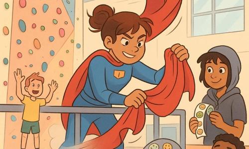 A smiling but focused female hero with messy brown bun hair in a fitted blue suit bearing a small square chest emblem, partially folded red cape caught on a large ceiling fan and being retrieved from a maintenance walkway while she leans on the railing with a determined, squinting expression; nearby, about 12-year-old Milo in a yellow tee and climbing shoes stands lower by the climbing wall edge, excited with hands raised; Stick Shift, a young woman in a gray hood with tousled hair, slightly embarrassed but smiling, stands by a pile of badges and an inflatable sticker-covered rock holding a roll of stickers; a teen coach with a whistle, arms crossed, watches amused from the reception area. The setting is a bright indoor pastel climbing gym with candy-colored holds, high windows, a foam cube pit below, visible motion (floating cape, foam dust), and a warm, exaggerated, soft-lined, saturated graphic style focused on the heroine and cape.