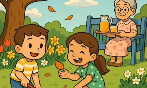 Três personagens: Leo, menino de ~6 anos, cabelos curtos castanhos, camiseta amarela listrada, calça jeans, sorrindo, segura um ancinho vermelho à esquerda; Ana, menina de ~6 anos, cabelos castanhos longos em rabo de cavalo, vestido verde com bolinhas brancas, botinhas rosas, agachada ao centro, segura uma folha ocre e ri; Vovó Rosa, senhora de ~70 anos, cabelo grisalho preso, óculos redondos, vestido florido rosa claro, segura uma jarra de suco e um bandeja, sentada num banco azul à direita e sorri. Cena: jardim de primavera luminoso com relva aparada, canteiros de tulipas, narcisos e margaridas, grande árvore à esquerda com um esquilo, poucas folhas amontoadas e céu azul com nuvens; situação: crianças ajudam a avó a limpar o jardim numa cena alegre, calma e colorida, luz suave de manhã com sombras delicadas, composição simples e legível para uma criança de 4 anos.