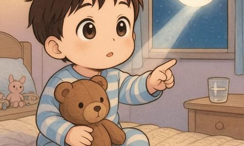 Um menino de 2 anos, rosto redondo e cabelos castanhos, olhos grandes e expressão calma e maravilhada, sentado na cama de pijama listrado, estende o dedo para um raio de luar no chão; seu ursinho de pelúcia marrom chamado Nuno, macio e um pouco gasto, está em seu colo; a lua aparece como uma esfera leitosa pela janela projetando um fio de luz prateada pelo quarto aconchegante de tons pastéis, com coberta de tricô, cortina leve e um copo de água no criado‑mudo — cena tranquila e terna, centrada na emoção silenciosa.