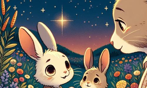 Un pequeño conejo llamado Nico, con un pelaje suave y blanco, grandes orejas traviesas y ojos brillantes de curiosidad, está de pie en un campo de flores coloridas, mirando el cielo estrellado con una sonrisa melancólica. A su lado, su hermano Max, un conejo un poco más grande con pelaje marrón y ojos cariñosos, le toma la pata, compartiendo un momento de consuelo. En el fondo, su mamá, una coneja de pelaje crema, los observa con ternura, sus ojos llenos de amor y dulzura, mientras sostiene una pequeña canasta de zanahorias. El cielo nocturno está salpicado de estrellas brillantes, y una estrella especialmente brillante parece brillar sobre ellos, simbolizando la presencia de su papá. La escena emana una atmósfera tranquila y cálida, mezclando tristeza y esperanza, mientras los conejos se reúnen para recordar a su papá y hablarle bajo el cielo estrellado.