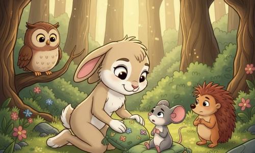Lotte, ein junger weiblicher Hase mit hellbeigem Fell und weißen Flecken, hat ein sanftes, lächelndes Gesicht und große, glänzende Augen; sie kniet und richtet ein Mooskissen auf dem Boden. Mia, eine kleine graue Maus mit rosa Ohren, sitzt dankbar mit zusammengelegten Pfoten auf dem Kissen und schaut gerührt zu Lotte. Eine runde braune Eule auf einem Ast links und ein scheuer rötlicher Igel etwas rechts beobachten neugierig und unterstützend. Die Szene spielt in einer geheimen Lichtung im Wald, umgeben von alten, knorrigen Bäumen, grünem Moosteppich, bunten Wildblumen und goldenen Sonnenstrahlen zwischen den Blättern. Hauptsache: Lotte zeigt Mia ihr ruhiges, gemütlich dekoriertes Versteck in der Lichtung, einen stillen, warmen Rückzugsort voller Mooskissen und Blumen in pastellfarbenem, weichem Licht.