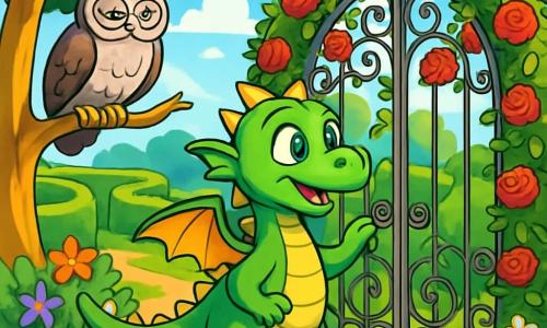 In einem magischen Garten steht ein junger Drache namens Flamm mit funkelnden grünen Schuppen und neugierigen Augen vor einem großen Tor, das mit Rosen und Efeu bedeckt ist. Er zeigt ein Ausdruck von Staunen und Aufregung, bereit, die Geheimnisse hinter dem Tor zu entdecken. Neben ihm sitzt eine weise alte Eule mit grauen Federn und runden Brillen auf einem Ast und beobachtet Flamm mit einem wohlwollenden und ermutigenden Blick. Der Ort ist ein üppiger Garten, gefüllt mit bunten Blumen, hohen grünen Hecken, die ein Labyrinth bilden, und einem strahlend blauen Himmel mit flauschigen weißen Wolken. Sonnenstrahlen filtern durch die Blätter und schaffen eine magische und bezaubernde Atmosphäre. Die Hauptsituation zeigt Flamm, der sich darauf vorbereitet, das Tor zu öffnen, sein Herz schlägt vor Aufregung, während die Eule ihn ermutigt, in diese geheimnisvolle Welt voller Abenteuer und Entdeckungen vorzudringen.