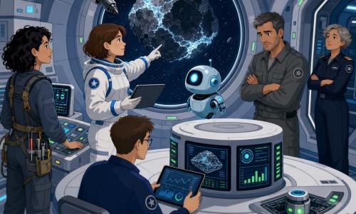 Lina es una astronauta de rostro decidido y mirada concentrada, cabello corto castaño, con un traje espacial blanco con franjas azules, sostiene una tableta y señala el cometa a través de una ventana circular; su expresión es calma pero atenta. Píxel es un pequeño robot flotante del tamaño de una mochila, cuerpo metálico azul claro y una luz LED redonda parpadeante, flota a la derecha de Lina mirando la misma ventana. Nadir es un hombre de mediana edad (≈45 años), piel bronceada, mono de trabajo gris, detrás de la mesa redonda con los brazos cruzados y mirada preocupada hacia el ordenador central. Yara es una mujer adulta (≈32 años), pelo rizado negro, con arnés de herramientas junto a un panel táctil, manos listas para pilotar un dron, a la izquierda de Lina. Bao es un hombre joven (≈28 años), gafas rectangulares y traje técnico azul marino, sentado frente a Lina mirando una tableta con gráficos. La comandante Sato es una mujer mayor (≈55 años), pelo corto y encanecido, uniforme oscuro con charretera, cruza los brazos en la entrada del módulo vigilando al equipo. El lugar es el interior de una estación espacial de recolección de cometas: muros metálicos curvados, gran ventana circular que muestra un fragmento de cometa oscuro con venas heladas brillantes, brazos robóticos masivos, cables, luces LED verdes y pantallas con datos numéricos. La escena principal muestra al equipo reunido alrededor de la mesa central observando una extraña señal del cometa por la ventana; ambiente de colaboración prudente, gestos calmados, dispositivos encendidos y sensación de tecnología limpia y ordenada.