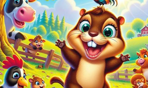 Matilde, una marmota traviesa con pelaje marrón suave y grandes ojos brillantes, está sobre una piedra, sonriendo y llena de entusiasmo, gesticulando para reunir a todos los animales de la granja para una fiesta. A su lado, la vaca Rosalía, con su pelaje blanco y negro y una gran sonrisa, mastica una caña de hierba mientras asiente, lista para ayudarla. Al fondo, el gallo Fermín, con sus plumas brillantes y aire orgulloso, está sobre una barrera de madera, preparado para cantar y animar la fiesta. La escena tiene lugar en una granja soleada, con amplios prados verdes, flores coloridas que bailan al viento y un viejo roble majestuoso en el centro, donde los animales se reúnen. Matilde, llena de energía, anuncia con alegría la organización de una gran fiesta, rodeada de risas y preparativos divertidos, mientras los animales se afanan a su alrededor, creando una atmósfera festiva y alegre.