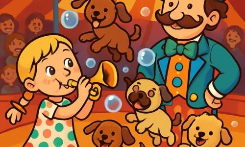 Ein 6-jähriges Mädchen, Leni, mit blonden Zöpfen und dunklen Sommersprossen auf der Nase, lächelt begeistert und hält eine glitzernde Trompete in den Händen. Sie trägt ein bunt gepunktetes Kleid und gelbe Gummistiefel. Neben ihr steht ein etwa 30-jähriger Mann, Herr Zottelbart, mit einem großen, lockigen Schnurrbart und einem bunten Clownskostüm, der stolz die drei tanzenden Plüschhunde betrachtet. Die Hunde, Bruno, Mopsi und Knödel, sind aus Plüsch, mit glänzenden Augen und leuchtenden Farben, die fröhlich in die Luft springen. Die Szene spielt unter einem großen Zirkuszelt mit roten und gelben Streifen, beleuchtet von glitzernden Lichtern. Begeisterte Zuschauer, Kinder und Erwachsene, füllen die Holzbankreihen, lachen und applaudieren. Leni, mit einem Funkeln der Freude in den Augen, bläst in ihre magische Trompete und erzeugt riesige Seifenblasen, die in der Luft schweben, während die Hunde durch die Blasen springen und dieser bunten, fröhlichen Darbietung einen Hauch von Magie verleihen.