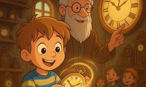 Un bambino di 6 anni, gioioso e meravigliato, coi capelli castano chiaro spettinati, tiene al centro un piccolo orologio antico dorato a lancette che fa girare; indossa una maglietta a righe blu e gialle. Dietro di lui un vecchio di circa 70 anni, sorridente e benevolo, con lunga barba bianca e occhiali tondi, in una giacca marrone consumata indica dolcemente una grande orologio da parete lucente. Alcuni bambini in stile medievale (7–9 anni) giocano e osservano curiosi vicino a una finestra. L'officina del tempo è una grande stanza di legno con travi a vista, scaffali pieni di orologi antichi, ingranaggi di ottone e un grande orologio a ruote; raggi di luce calda attraversano la polvere. L'istante ritratto è quello magico in cui le lancette girano creando un lieve vortice luminoso attorno all'orologio che suggerisce il viaggio nel tempo; atmosfera calda, colori saturi e ombre morbide in uno stile infantile e accogliente.