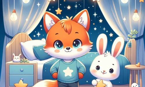 Un pequeño zorro llamado Nico, con un pelaje naranja brillante y ojos resplandecientes, está en su habitación, rodeado de luces suaves y decoraciones en forma de estrellas. Tiene una sonrisa confiada en su rostro, mostrando que ha superado su miedo a la oscuridad. Junto a él, su amigo el pequeño conejo Tito, con pelaje blanco y grandes orejas, admira las decoraciones, sosteniendo una estrella brillante en sus patas. La habitación es acogedora, con paredes pintadas de azul noche, cortinas de tela ligera y una alfombra suave. Estrellas luminosas cuelgan del techo, creando una atmósfera mágica y reconfortante. Nico y Tito, rodeados de luces centelleantes, están juntos, listos para enfrentar la noche sin miedo, transformando su habitación en un cielo estrellado lleno de sueños.