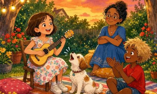 Sofia, menina de cerca de 10 anos, cabelos castanhos curtos, veste um vestido florido pastel e sentada numa pequena cadeira de madeira toca e canta com um pequeno violino-guitarra amarelo-claro; ao lado, o cão Pipoca, pequeno e fofo, branco com manchas castanhas, abana e late alegremente; na frente, um menino de cerca de 8 anos, loiro e de camiseta vermelha, sentado numa manta colorida aplaude entusiasmado; mais atrás, uma vizinha adulta de ~35 anos, pele clara e óculos redondos, de vestido azul e sentada num almofadão sorri enquanto escuta; o jardim é acolhedor, com relva, manta listrada multicolor, almofadas, cordão de luzes quentes entre árvores, vasos de flores vermelhas e amarelas e um céu de fim de tarde alaranjado e violeta; cena de mini-concerto ao ar livre, família e amigos cantam e aplaudem, atmosfera calorosa e vibrante.