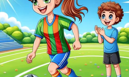 Emma, o tânără atletă cu părul castaniu prins în coadă de cal, poartă un tricou de fotbal colorat și un zâmbet radiant, driblează o minge de fotbal pe un teren verde. Ea exprimă bucurie și determinare, cu ochii strălucind de pasiune pentru joc. Aproape, David, un băiat de zece ani cu părul creț și ochi strălucitori, poartă un tricou albastru și o pereche de pantaloni scurți negri. El aplaudă cu entuziasm, pregătit să învețe de la idolul său, cu un zâmbet larg pe față, arătându-și admirația pentru Emma. Locul este un teren de fotbal însorit, înconjurat de copaci verzi și flori colorate, cu un cer albastru deschis în fundal. Terenul este marcat bine, iar iarba este de un verde strălucitor, creând o atmosferă veselă și dinamică. Situația principală o arată pe Emma în acțiune, driblând mingea cu ușurință, în timp ce David o încurajează, ilustrând prietenia lor și pasiunea comună pentru fotbal.