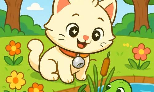 A little cat named Whiskers, with fur as soft as a cloud and eyes bright as stars, sits by a pond, looking curious and joyful. He gazes in wonder at his precious silver bell, which sparkles in the sun. Next to him, Timmy the turtle, with a green shell and mischievous eyes, swims gently in the clear water, ready to help his friend. The setting is a peaceful pond surrounded by colorful flowers and tall trees with green leaves, where the reflection of the blue sky dances on the water's surface. Whiskers tries to catch his bell stuck in the reeds, while Timmy approaches to free it, creating a scene full of friendship and adventure.