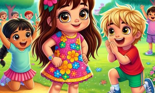 Una niña de 4 años, Valeria, con largos cabellos castaños y ojos brillantes, se encuentra en el centro de la imagen, sonriendo con determinación. Lleva un vestido colorido con motivos de flores y zapatillas deportivas. A su derecha, Pablo, un niño de 5 años con cabello rubio desordenado y una camiseta roja, la anima con una gran sonrisa y los brazos levantados. A su izquierda, Ana, otra niña de 4 años con trenzas negras y una falda rosa, aplaude con alegría, sus ojos brillando de emoción. El escenario es un parque soleado con grandes árboles verdes, flores coloridas y un camino de tierra donde se lleva a cabo una carrera. Al fondo, se pueden ver otros niños jugando y riendo, creando un ambiente alegre y dinámico. La situación principal muestra a Valeria, quien tras caer, se levanta con confianza, lista para continuar la carrera, rodeada de sus amigos que la animan con entusiasmo.