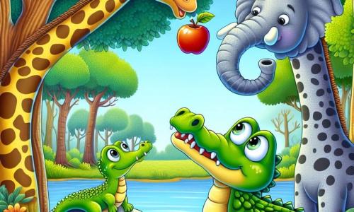 Um crocodilo chamado Carlito, com uma pele verde brilhante e olhos cheios de curiosidade, está deitado em uma pedra à beira de um lago, com um grande sorriso no rosto, sonhando com aventuras. Ao seu lado, uma girafa chamada Gertrudes, com um longo pescoço e manchas douradas, tenta pegar uma maçã pendurada em um galho alto, com um olhar determinado. Não muito longe deles, um elefante chamado Ernesto, com grandes orelhas e pele cinza, sopra bolhas de sabão, adicionando um toque de magia à cena. O cenário é uma floresta colorida, com árvores de folhas verdes vibrantes, flores multicoloridas e um céu azul salpicado de nuvens fofas. A situação principal mostra Carlito e seus amigos unidos em uma divertida busca pela maçã, ilustrando o espírito de amizade e aventura que os une.