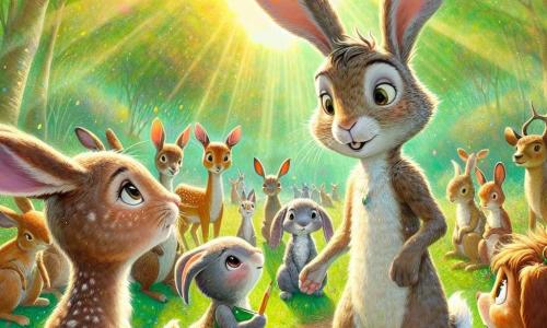 Benny the rabbit, with soft, silky light brown fur, stands at the center of the scene, his large ears perked up and his eyes sparkling with excitement and determination. He looks at his friends with an encouraging smile, ready to advocate for the idea of freely choosing their activities. Daisy the doe, with her spotted brown coat and gentle eyes, stands next to Benny, looking surprised yet curious as she considers his proposal. Max, a young gray rabbit, sits a bit further back, his face expressing hope and enthusiasm, holding a pencil and a sketchbook in his little paws. The scene takes place in a sunny clearing surrounded by tall trees with bright green leaves, with colorful flowers scattered on the ground. In the background, a small group of animals listens attentively, some sitting on tree trunks, others standing, all captivated by the discussion. The main situation shows Benny speaking passionately, advocating for all the animals to freely choose their activities for the Burrow Games, while his friends listen intently, intrigued and interested in this new idea.