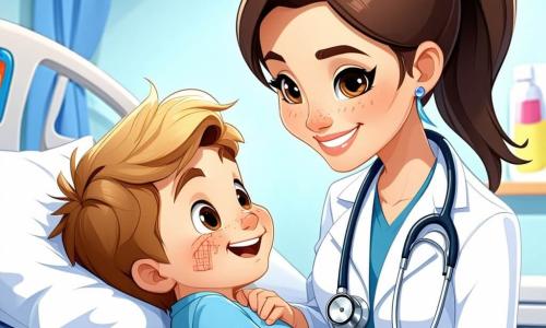 Dr. Lily is a smiling woman in her thirties with brown hair tied in a ponytail. She wears a shiny stethoscope around her neck and a pristine white coat. Her face radiates kindness and determination as she examines a young boy. Max, an 8-year-old boy with messy blonde hair, is lying on a hospital bed. He has a bandage on his knee and a slight smile on his face, indicating that he feels a bit better. Next to them, Nurse Sam, a man in his thirties with glasses and a blue coat, observes attentively, ready to help. The scene takes place in a bright and welcoming clinic, with walls painted in vibrant colors, children's health posters, and toys scattered on a table. Dr. Lily listens to Max's heart with her stethoscope while Nurse Sam takes notes. Max, though tired, shows signs of hope and comfort, surrounded by the caring attention of his caregivers.