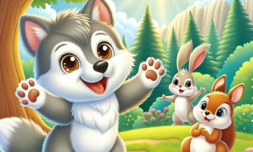 Un pequeño lobo de pelaje gris suave y ojos color avellana, sonriendo con entusiasmo, se encuentra en el centro de la escena, con las patas levantadas como si invitara a jugar. A su derecha, una ardillita de pelaje marrón claro con una cola esponjosa, que sonríe alegremente, se esconde detrás de un árbol, lista para jugar al escondite. A su izquierda, un pequeño conejo blanco con orejas grandes, con un aire curioso y emocionado, se oculta detrás de un arbusto, observando atentamente. En el fondo, una pradera verde bañada por la luz dorada del sol, salpicada de flores coloridas y grandes árboles majestuosos, crea una atmósfera cálida y acogedora. La escena principal muestra a los amigos jugando juntos, celebrando su nueva amistad y la alegría de compartir momentos en un entorno encantador.