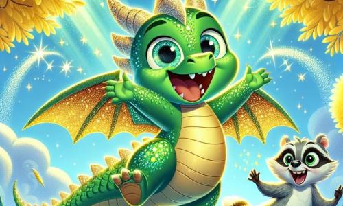 Un dragón verde brillante, llamado Dimi, con escamas relucientes y grandes ojos chispeantes de curiosidad, se encuentra en la cima de una montaña. Sonríe con entusiasmo, con las alas desplegadas, listo para compartir el Corazón de la Risa. A su lado, un pequeño ratón, travieso y ágil, con pelaje gris y ojos pícaros, aplaude alegremente, saltando sobre sus patas traseras. Un árbol de hojas doradas, que parece reír, se encuentra detrás de ellos, añadiendo un toque de magia a la escena. El cielo es de un azul brillante, salpicado de nubes blancas y esponjosas, y la montaña brilla bajo el sol, creando un paisaje encantador. Dimi y sus amigos celebran el descubrimiento del tesoro mágico, rodeados de una aura de alegría y risas, listos para compartir su felicidad con todos los habitantes del bosque.