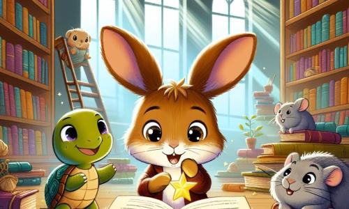 Un pequeño conejo de grandes orejas y pelaje suave y marrón, con ojos brillantes de curiosidad, está abriendo un viejo libro polvoriento en una biblioteca. Muestra una expresión de asombro y emoción. A su lado, una tortuga de caparazón verde y brillante, con una mirada sabia y una ligera sonrisa, observa atentamente el libro, apoyándose en una estantería de madera. Un pequeño ratón de pelaje gris y ojos vivos, con una expresión de entusiasmo, está sentado en el suelo, señalando una estrella dibujada en el libro. La biblioteca está llena de grandes estanterías de madera, cargadas de libros coloridos, con rayos de luz filtrándose a través de grandes ventanas, creando un ambiente cálido y mágico. La situación principal muestra al pequeño conejo y sus amigos descubriendo un antiguo libro de cuentos, revelando un mapa misterioso que los lleva a una aventura de caza del tesoro.