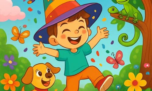 Un ragazzo di 6 anni, di nome Marco, indossa un grande cappello magico dai colori vivaci, con un sorriso radioso e occhi scintillanti di gioia. Sta saltando di felicità in un giardino incantato, circondato da fiori multicolori e farfalle danzanti. Accanto a lui, il suo cane Fido, un adorabile cagnolino dai peli dorati, scodinzola con entusiasmo, guardando Marco con occhi brillanti. Un piccolo geco verde di nome Tito, appollaiato su un ramo, li osserva con un sorriso malizioso, pronto a guidarli verso nuove avventure. Il giardino è pieno di alberi dai tronchi contorti, coperti di caramelle scintillanti, e il terreno è tappezzato di petali colorati che brillano sotto il sole. Nuvole a forma di zucchero filato flottano nel cielo blu. La scena principale mostra Marco, Fido e Tito che danzano gioiosamente sotto una pioggia di coriandoli colorati, creando un'atmosfera festosa e magica, piena di risate e felicità.