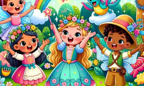 Quattro amiche si trovano al centro di un giardino incantato: Anna, una bambina di 8 anni con lunghi capelli biondi e un sorriso splendente, indossa un costume da fata con ali scintillanti e danza gioiosamente; Luisa, una bambina di 7 anni con capelli castani e ricci, è vestita con un abito da principessa fiorito e racconta una storia divertente con una bacchetta magica; Carla, una bambina di 9 anni con capelli lisci e neri, indossa un cappello da esploratrice e un gilet colorato, indicando un grande albero parlante dietro di loro; Sofia, una bambina di 8 anni con capelli castani e un piccolo bastone colorato, sorride guardando un piccolo drago colorato che le circonda. Il giardino è pieno di fiori giganti dai colori vivaci, farfalle danzanti e una luce dorata che filtra tra le foglie degli alberi. Al centro, un grande albero sorridente sembra accoglierle. Le amiche stanno aiutando un piccolo drago grigio a ritrovare i suoi colori danzando e cantando intorno a lui, creando un'atmosfera gioiosa e magica.