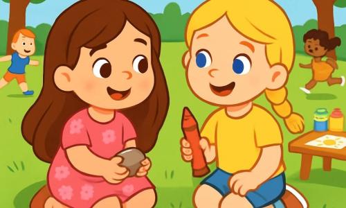 Hay 2 personajes principales: Ana, una niña de 4 años con cabello largo castaño y ojos brillantes, que lleva un vestido rosa con motivos de flores, y Luna, otra niña de 4 años con trenzas rubias y ojos azules, vestida con una camiseta amarilla y un short de mezclilla. Están en un parque soleado lleno de vegetación, donde los árboles se mueven suavemente con el viento y otros niños juegan. Ana y Luna están sentadas en la hierba, respirando profundamente como osos, listas para superar su timidez, sonriéndose mientras están rodeadas de dibujos coloridos que han creado.