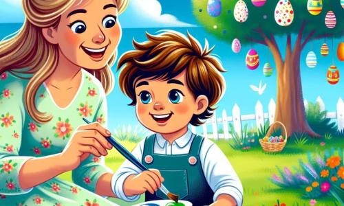 Un bambino di 4 anni di nome Leo, con capelli castani disordinati e un grande sorriso gioioso, è seduto sull'erba verde del giardino, tenendo una tavolozza di colori vivaci in una mano e un pennello nell'altra. È concentrato ed entusiasta, mentre dipinge uova di Pasqua dai colori brillanti. Accanto a lui c'è sua mamma, una donna di circa trent'anni, con lunghi capelli biondi raccolti in uno chignon e un sorriso dolce. Indossa un vestito leggero a fiori e aiuta Leo mostrandogli come mescolare i colori, piegandosi verso di lui con gli occhi pieni di orgoglio. Sullo sfondo, un grande albero con rami carichi di uova di Pasqua colorate si erge maestosamente. Il cielo è blu con alcune nuvole bianche soffici e fiori multicolori punteggiano il giardino, contribuendo all'atmosfera festiva. La scena principale mostra Leo e sua mamma che decorano insieme le uova di Pasqua, pieni di gioia e creatività, mentre un coniglietto bianco li osserva con aria maliziosa, pronto ad aiutarli nella loro avventura colorata.
