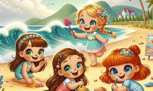 In the foreground, Luna, a seven-year-old girl with long brown hair and sparkling eyes, is digging in the sand with a colorful shovel. Next to her, Mia, a six-year-old girl with braided blonde hair, is joyfully dancing while holding a shiny shell. A little further away, Sophie, a seven-year-old girl with red hair and freckles, is laughing and making faces while holding a bucket filled with sand. Finally, Bella, a seven-year-old girl with brown hair and round glasses, is crouched down drawing patterns in the sand with a stick. 

The scene takes place on a sunny beach, with shimmering waves lapping at the shore. The sand is golden and soft, sprinkled with colorful shells. In the background, palm trees sway gently in the breeze, and a light blue sky is dotted with fluffy white clouds. 

The main situation shows the four friends engaged in a treasure hunt, searching for magical objects buried in the sand. Luna has just discovered a shiny starfish, while Mia is about to show her colorful shell, and Sophie is making a joke that makes everyone laugh. The atmosphere is cheerful and magical, filled with laughter and bright smiles.