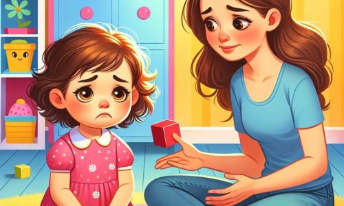 O fetiță de 2 ani, cu ochi mari și strălucitori și părul creț castaniu, stă pe jos, având o expresie îngrijorată și puțin tristă. Poartă o rochie roz cu buline albe și ține un cub roșu în mâinile ei mici. Lângă ea, mama ei, o femeie zâmbitoare de aproximativ 30 de ani, cu părul lung și drept, îmbrăcată cu un tricou albastru și blugi, se apleacă pentru a o încuraja, oferindu-i un zâmbet cald. Se află într-o cameră luminoasă, cu pereți galbeni, unde sunt împrăștiate jucării colorate și un covor moale pe care se joacă. Situația principală arată fetița care, după ce a atins cubul roșu, începe să zâmbească timid în timp ce mama ei o încurajează să se joace cu cubul albastru, creând o atmosferă de sprijin și bucurie.