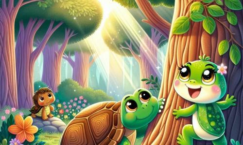 Uma pequena rã chamada Lili, com pele verde brilhante e olhos redondos e cintilantes, está orgulhosamente no topo de um tronco de árvore, sorrindo, mostrando sua determinação e alegria em ser corajosa. Ao seu lado, seu amigo Tico, uma tartaruga de casco marrom e olhos suaves, olha para Lili com uma expressão de incentivo, apoiando-se em uma pedra perto da árvore, pronto para ajudar. O cenário é uma floresta encantada, com árvores majestosas de folhas douradas, flores coloridas espalhadas pelo chão e um suave raio de sol filtrando através dos galhos, criando uma atmosfera mágica. A cena principal mostra Lili, cheia de coragem, no tronco da árvore, pronta para pular, enquanto Tico a encoraja a descer com cuidado, ilustrando o espírito de aventura e amizade que os une.