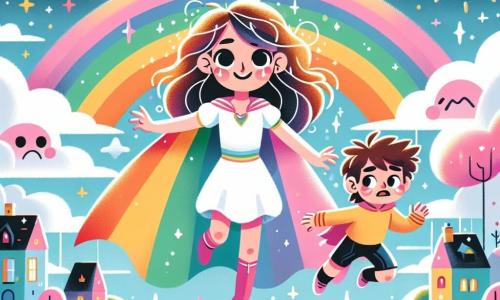 Een jonge vrouw, Sterre Sprankel, zweeft in de lucht, haar glinsterende haren verlichten haar blije en vastberaden gezicht. Ze draagt een regenboogcape die onder het licht schittert. Naast haar staat een klein jongetje van ongeveer 8 jaar, met rommelig bruin haar en grote ogen, die met bewondering kijkt terwijl hij een klein pluizig wolkje vasthoudt. Op de achtergrond strekt een magische stad met drijvende pastelkleurige huizen en roze bomen zich uit onder een sterrenhemel. Sterre, klaar om de dag te redden, steekt haar hand uit naar de sombere zon, omringd door grijze wolken.