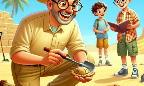 In the center of the image, Mr. Archer, a man in his fifties with slightly graying brown hair and round glasses, is digging the ground with a shovel. His face is lit up with an excited smile, and he wears a beige short-sleeved shirt, a straw hat, and cargo pants. Next to him, a 10-year-old girl with curly brown hair, wearing a blue t-shirt and shorts, is closely observing a piece of pottery in her hands, her expression filled with wonder as she seems eager to share her discovery. A 12-year-old boy with glasses and blond hair stands slightly back, taking notes in a notebook. He wears a red cap and a checkered shirt, looking focused and interested in the exploration. The scene takes place at a sunny archaeological site with golden sand dunes and ancient stone ruins emerging from the ground. Archaeological tools are scattered around, and palm trees sway gently in the wind, adding a tropical touch to the environment. The main situation shows Mr. Archer and his young assistants enthusiastically digging to uncover hidden treasures of the past, surrounded by an atmosphere of adventure and curiosity.
