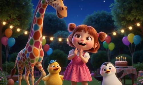 A joyful, wide-eyed 4-year-old girl with short brown pigtails in a pink polka-dot dress jumps and claps at the center; a very tall rainbow giraffe with a long neck and bright multicolored spots leans and smiles to her left; a chubby penguin (about 2) with black feathers and a white belly awkwardly spins into a pirouette to her right on a few sparkling drops of water; a plump yellow duck wearing a small blue hat waddles rhythmically behind her; cozy nighttime garden with soft green grass, yellow string lights in the trees, colorful balloons and a cake on a small table in the background, deep blue starry sky with one twinkling star; main scene: a small garden party parade of the girl and her friends dancing together in rounded movements with visible laughter, saturated colors, soft warm lighting, tender playful atmosphere.