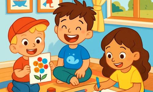Ci sono 3 personaggi: - Tommaso: un ragazzo di 6 anni con capelli castani disordinati, indossa una maglietta blu con una balena e pantaloni verdi. È seduto su un tappeto colorato, circondato dai suoi amici, con un grande sorriso sul volto. - Luca: un ragazzo di 6 anni con un cappello rosso, capelli biondi e occhi scintillanti. È in piedi accanto a Tommaso, tiene un disegno con bottoni incollati, apparendo orgoglioso. - Sara: una ragazza di 6 anni con capelli lunghi e ricci, indossa una maglietta gialla brillante. È seduta di fronte a Tommaso, tiene una matita e disegna un arcobaleno, concentrata e felice. Il luogo è una stanza luminosa, con pareti dipinte di azzurro chiaro e finestre aperte che lasciano entrare la luce del sole. Giocattoli colorati sono sparsi sul pavimento e un grande tavolo è pieno di fogli di carta, pastelli e barattoli di colla. I disegni dei bambini sono appesi al muro, creando una vera galleria d'arte. La scena principale mostra i tre amici mentre creano opere d'arte insieme, ridendo e condividendo idee, circondati da colori vivaci e creatività. Risate e grida di gioia riempiono l'aria mentre si divertono a inventare storie attraverso i loro disegni.