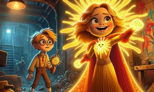 Lila, de superheldin, is een jonge vrouw met lange gouden haren die glanzen als zonnestralen. Ze draagt een kleurrijk kostuum met zonnige patronen en een flonkerende cape. Haar gezicht straalt blije vastberadenheid uit terwijl ze haar krachten gebruikt om een krachtige gouden lichtstraal uit te zenden, die de duisternis om haar heen verlicht. Naast haar staat Jasper, een jongen van ongeveer 12 jaar, met ronde brillen en een rommelige haardos. Hij kijkt Lila bewonderend aan, terwijl hij een vreemd apparaat in zijn handen houdt, klaar om haar te helpen in haar missie. Zijn gezicht toont opwinding en verwondering. De scène speelt zich af in een oude verlaten fabriek, met vervallen muren bedekt met kleurrijke graffiti. Roestige machines liggen verspreid, en onheilspellende schaduwen verbergen zich in de donkere hoeken, wat een mysterieuze en gespannen sfeer creëert. Lila staat stevig, klaar om de slechteriken die in de schaduw samenzweren te confronteren, terwijl haar licht de weg naar de waarheid verlicht. De hoofdactie toont Lila die haar krachten gebruikt om de plannen van de vijanden te verijdelen, terwijl Jasper haar aanmoedigt en bijstaat in dit spannende avontuur.