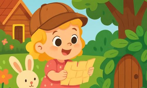 O fetiță de 2 ani, cu ochi mari și strălucitori și păr blond creț, poartă o rochiță roz cu buline și o pălărie drăguță de explorator. Zâmbește cu uimire, ținând o hartă veche în mâinile ei mici. Lângă ea, un iepuraș de pluș adorabil, cu urechi mari și blană moale, pare să o încurajeze în aventură. Scena se desfășoară într-o grădină grațioasă, plină de flori colorate, copaci verzi mari și o căsuță mică din lemn, înconjurată de arbuști înfloriți. În centru, fetița privește cu excitație o ușă mică din lemn, ascunsă în spatele frunzelor. Mara, cu un aer curios și vesel, se pregătește să deschidă ușa misterioasă, gata să descopere magia care o așteaptă dincolo.