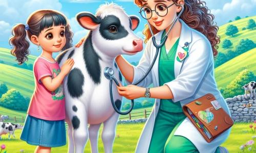 O veterinară zâmbitoare, Ana, o femeie de aproximativ treizeci de ani, cu părul castaniu creț și ochelari rotunzi, este așezată lângă o vacă albă cu pete negre, Steluța. Are o privire blândă și liniștitoare, arătând angajamentul și pasiunea ei pentru animale. Lângă ea, doi copii, o fetiță de 8 ani numită Mara, cu împletituri și un tricou roz, și un băiat de 9 ani numit Vlad, cu ochelari și un tricou verde, privesc cu uimire. Mara mângâie ușor vaca, în timp ce Vlad ține un carnet mic, pregătit să-și noteze observațiile. Scena se desfășoară într-o poiană verde, înconjurată de coline blânde sub un cer albastru deschis, cu flori colorate împrăștiate în jur și un zid vechi din piatră în fundal. Ana verifică sănătatea lui Steluța cu un stetoscop, în timp ce copiii învață cu curiozitate și entuziasm, creând o atmosferă veselă și educativă.