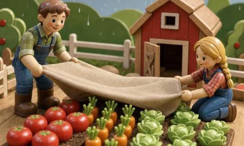 A young farmer Ben, about 28, round face, short brown hair, joyful relieved expression, lowers a large beige canvas to cover rows of stylized wooden vegetables while standing with feet apart and arms extended, helped by Emma, about 24, blonde hair in a braid and a gentle smile, who kneels on one knee to his right pulling a corner of the sheet; shiny red tomatoes, orange carrots with green tops and pale green lettuce are lined in front of a red wooden barn with an open door, a white fence and paper-cut green hills, with bluish-gray clouds and translucent raindrops above—bright pastel colors, painted wood textures, simple rounded forms, and a reassuring cooperative atmosphere.