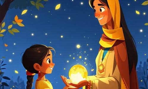 Yasmina, eine erwachsene Frau mit gebräunter Haut, langen schwarzen Haaren, großem goldenen Schal und besticktem Kleid, hält in ihrer Hand eine kleine orange leuchtende Kugel und teilt deren Licht mit Kindern und Markthändlern, um einen Platzkonflikt zu lösen; links von ihr ein etwa 7-jähriges Mädchen mit rundem, geflochtenem Gesicht, das ebenfalls eine leuchtende Kugel hält und lächelnd einen Schritt macht, rechts hockt der etwa 40-jährige Verkäufer Samir mit kurzem Bart und schlichter Tunika und räumt Gemüsekisten, nahe einem Brottisch steht die etwa 35-jährige Bäckerin Layla mit gebundenen Haaren und mehliger Schürze und lacht, im Hintergrund geht ein etwa 70-jähriger Mann mit einem beladenen braunen Esel; Schauplatz ein Marktinnenhof mit gestampftem Erdboden, ockergelben Wänden, türkis-goldenen Mosaikarkaden, farbigen Teppichen, Gewürzkörben und Obstständen, warme goldene Abendsonne wirft lange Schatten, zentrale Komposition, warme Farben und Atmosphäre von Frieden und Großzügigkeit, deutliche Details wie Stofftexturen und Kugelreflexe.