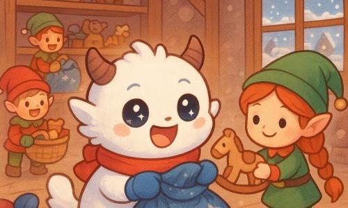 Pepino, ein kleiner Schneekobold, steht in der Mitte mit strahlendem, entschlossenem Gesicht, sternenhellen Augen, flauschigem weißem Fell, roter Schal und blauen Fäustlingen und faltet behutsam einen großen blauen Weihnachtssack mit silbernen Sternen; rechts von ihm steht Elfi, die Elfchefin, eine kleine rothaarige Elfe mit geflochtener Frisur, grüner Kleidung und warmem Lächeln, die ihm von einer Holzkiste aus ein Holzspielzeug reicht; zwei weitere fröhliche Elfen in Rot und Grün sind links im Hintergrund mit Körben voller Spielzeug und weiteren Säcken beschäftigt; die Werkstatt des Weihnachtsmanns ist ein großer Holzraum mit sichtbaren Balken, Regalen voller handbemalter Spielzeuge, warmen Lichterketten und einem vereisten Fenster mit Blick auf ein verschneites Dorf; die Szene ist gemütlich und festlich, bunte Sackstapel glänzen, und aus dem letzten geöffneten Sack leuchtet ein hölzernes Gesellschaftsspiel golden; Stil: lebhafte Pastellfarben, weiche Konturen, überzeichnete niedliche Mimik, filzige Texturen.