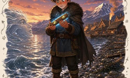 Een jonge man (Eirik) met vierkant gezicht en warrig bruin haar, door de kou rozerig van teint en met een vastberaden maar verwonderde blik, houdt behoedzaam met beide handen een klein, gebarsten runenstokje vast dat blauwachtig gloeien en in zijn hand lijkt te trillen; links verschijnt de fjord als zilverkleurige waterbaan met reflecties die een fluisterend gezicht vormen en waarvan de golven Eiriks voeten strelen; rechtsachter een Vikingdorp met enkele houten huisjes en rieten daken en rook uit een smederij, in de verte ijsbergen; locatie: een kiezelstrand met donkere zeewieren en aangespoeld drijfhout onder een schemerende koper- en indigolucht; sfeer: mysterieus maar warm, verlicht door de gloed van de stok en het zachte avondlicht.