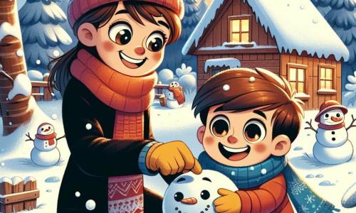 Un niño de 7 años, Tomás, con cabello castaño y ojos llenos de curiosidad, está construyendo un gran muñeco de nieve en un jardín nevado. Lleva un abrigo rojo brillante, una bufanda azul y guantes amarillos, y su rostro expresa una inmensa alegría y emoción. A su lado, su mamá, una mujer de unos 35 años, con cabello castaño y una sonrisa cálida, lo anima mientras sostiene una taza de chocolate caliente. Ella viste un abrigo negro y un gorro de lana. En el fondo, el jardín está cubierto de una gruesa capa de nieve brillante, con árboles desnudos y una pequeña casa de madera con humo saliendo de la chimenea. La escena muestra a Tomás y su mamá riendo y divirtiéndose mientras añaden accesorios al muñeco de nieve, creando una atmósfera alegre y festiva de invierno.